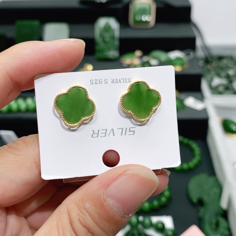 【闪购商品】和田玉（碧玉）耳饰银S925镀金镶嵌