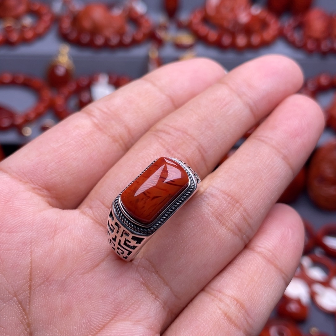 银S925镶嵌南红玛瑙珠宝奇石戒指