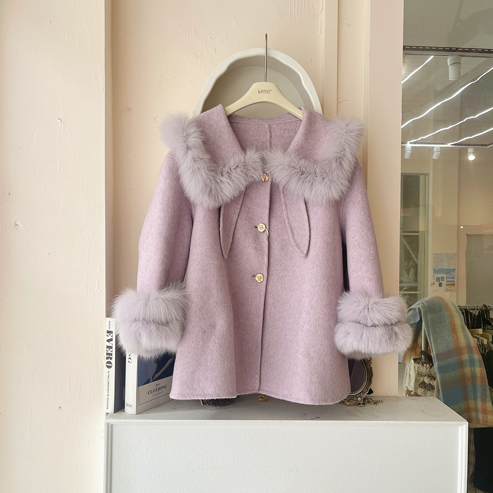 LHTE青青大码女装 秋冬气质毛呢韩系轻奢狐狸毛毛领外套A5135紫色