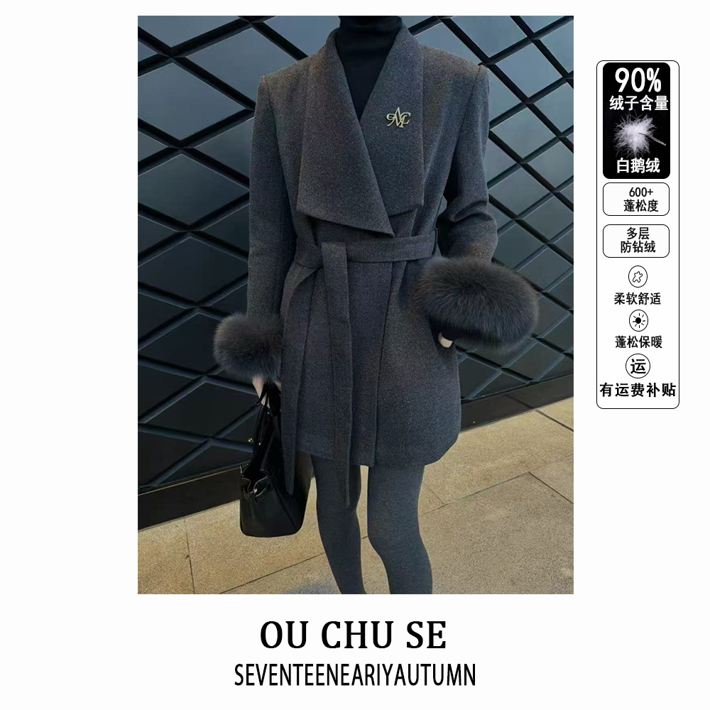 黑/金系列冬季中长款绵羊毛外套女狐狸毛系带宽松90白鹅绒大衣