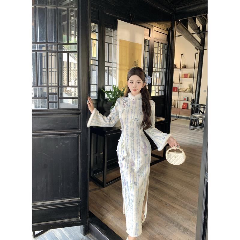 红雪【寒岁绣蝶】冬款文艺气质修身高端日常旗袍奢华气质衣长125