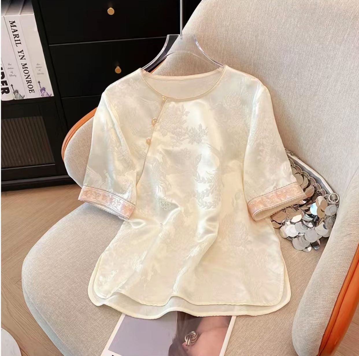 【金银织】新中式夏款设计师重磅百搭时尚提花刺绣立体织花拼接短袖