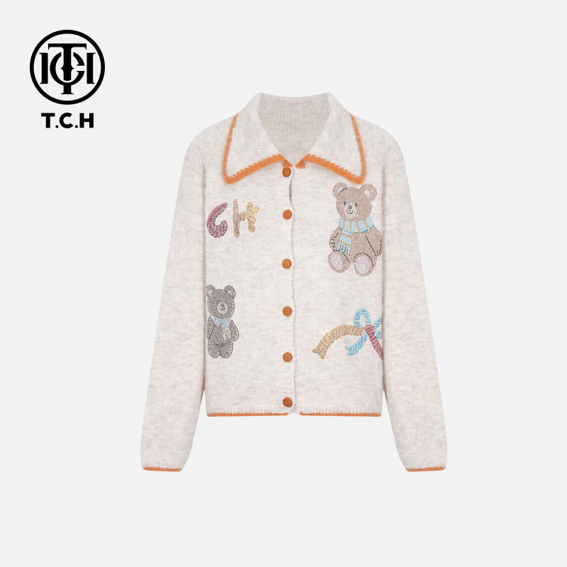 TCH【POLO领】秋冬含羊毛时尚烫钻粉女装长袖针织开衫T75D43E5010