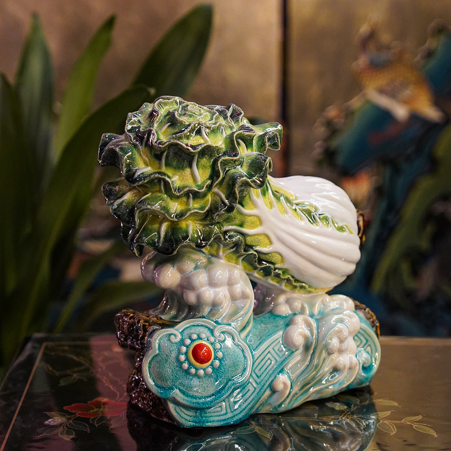 【618】AM31非遗手工石湾陶《百财如意》大号白菜装饰书房客厅摆件