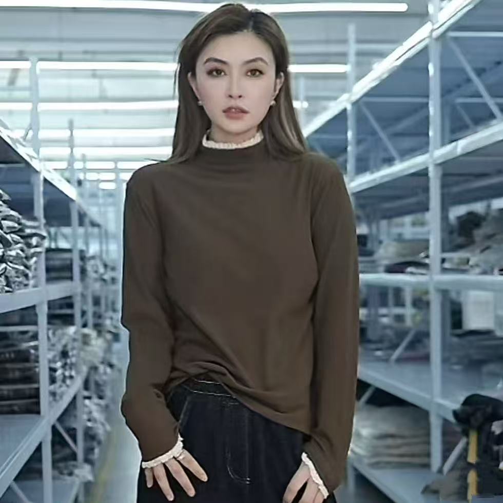 秋冬季气质洋气圆领法式蕾丝减龄百搭显瘦打底针织衫A925#