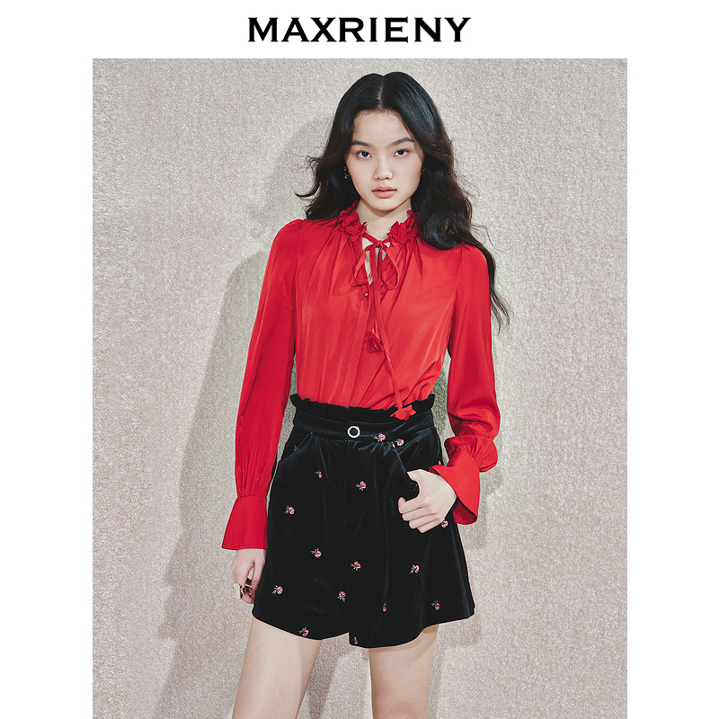 【陈大可专属】MAXRIENY衬衫冬雪纺衫新年红上衣女系带高级设计感