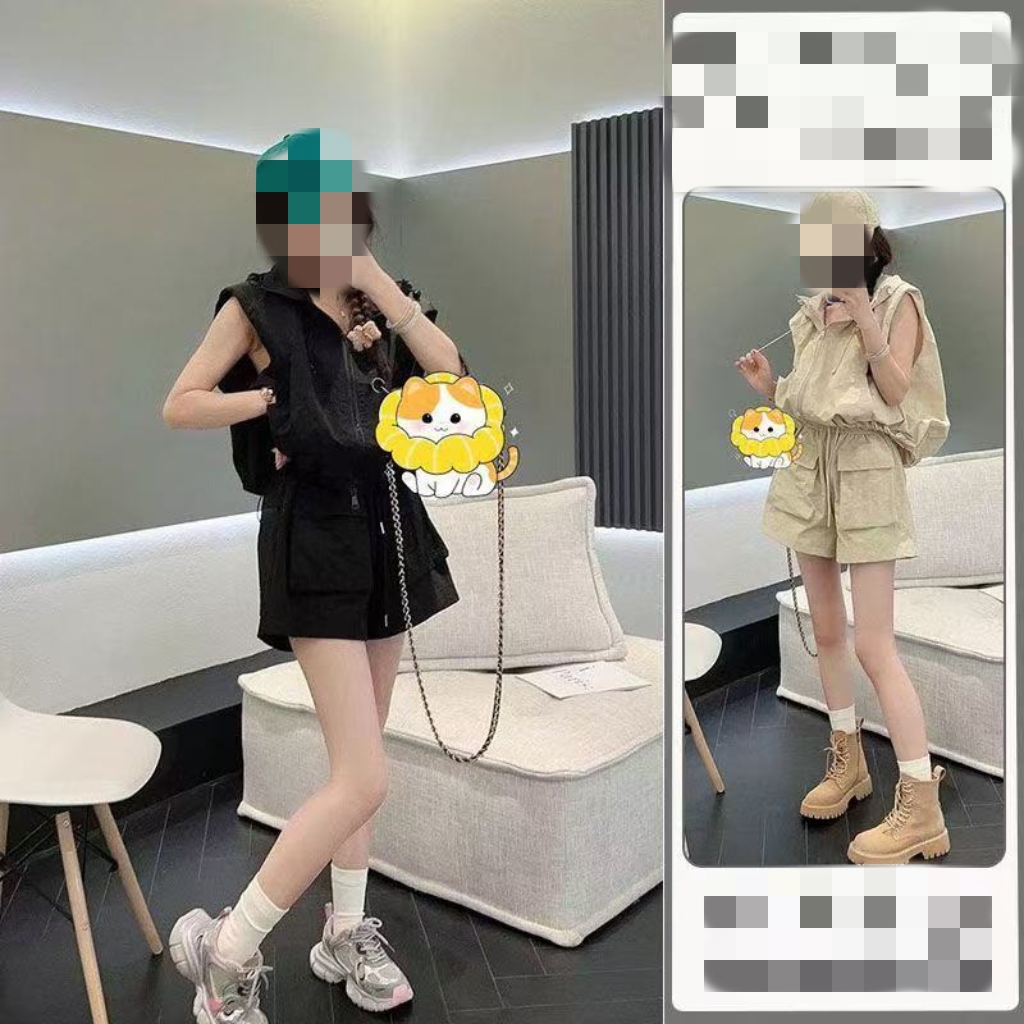 大码200斤街头风时尚连帽背心外套+阔腿短裤纯色工装两件套女770