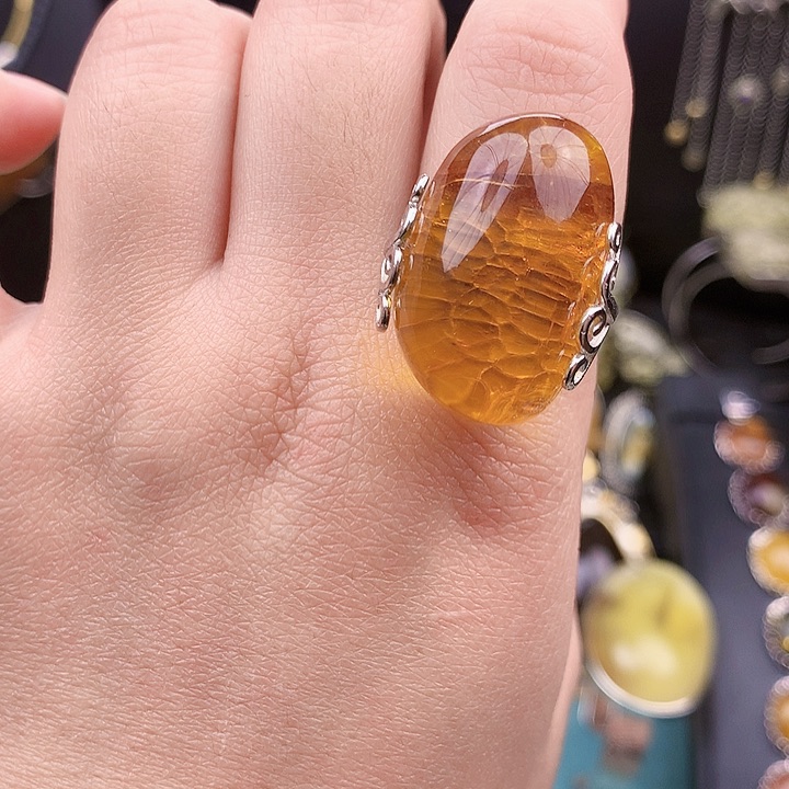 琥珀裸石银S925镶嵌戒指