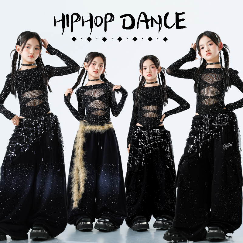 女童演出服服装走秀女冬季爵士舞女童服装儿童长袖黑色少儿年会