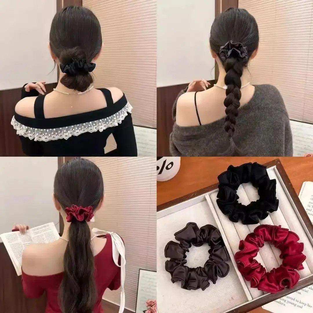 韩系缎面褶皱压边面膜花苞小肠发圈法式简约黑色低丸子头发绳头绳