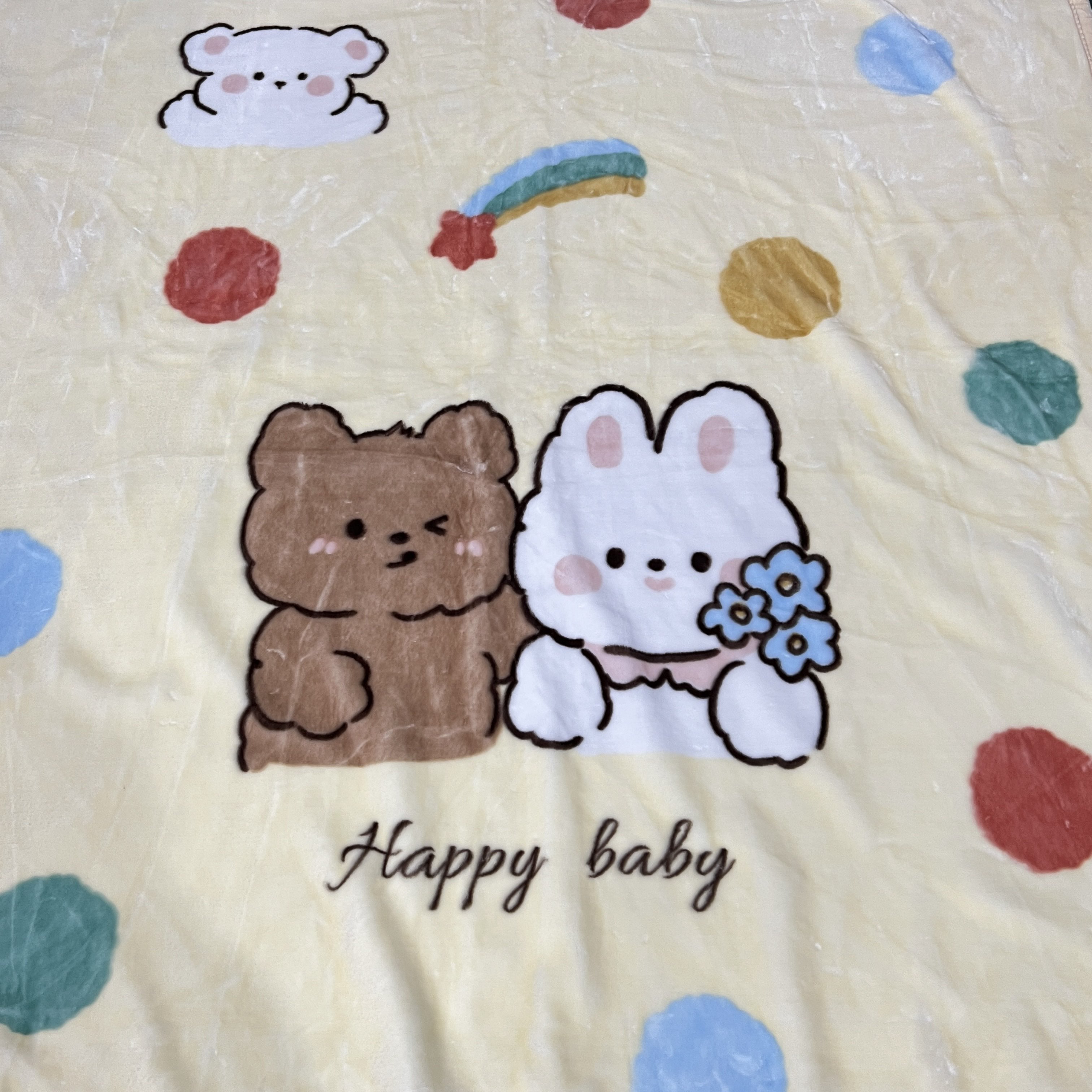 150×200cm 黄色彩虹小熊小兔 双层盖毯午睡毯多功能卧室欧式加厚