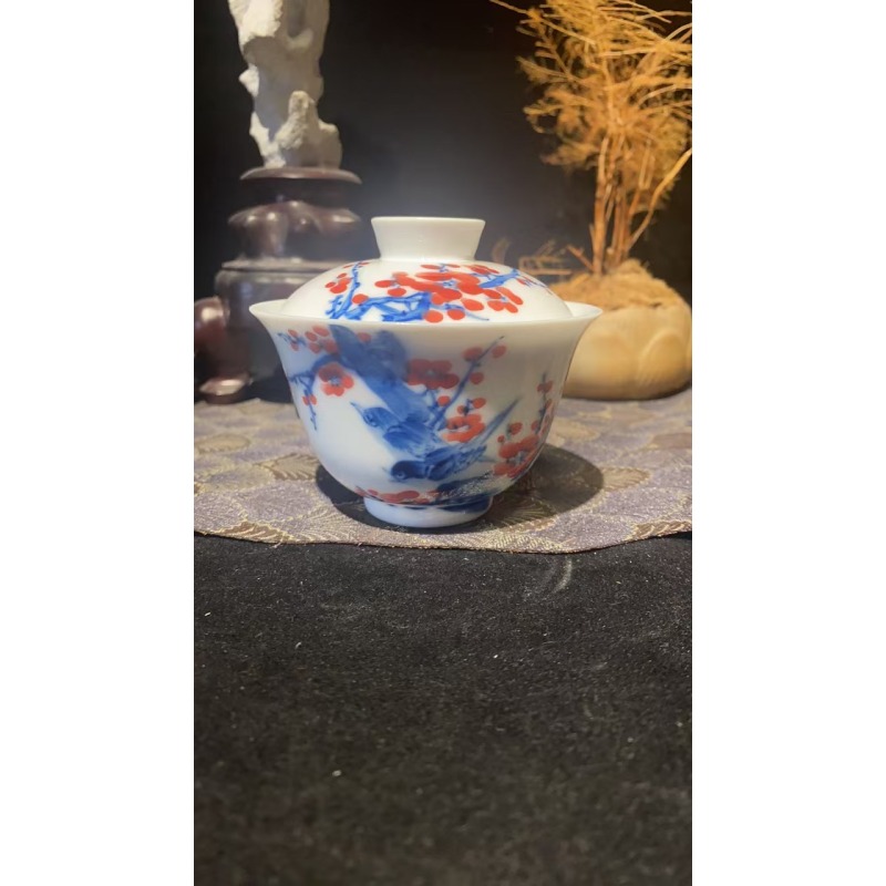 景德镇昱器喜上眉梢盖碗微瑕