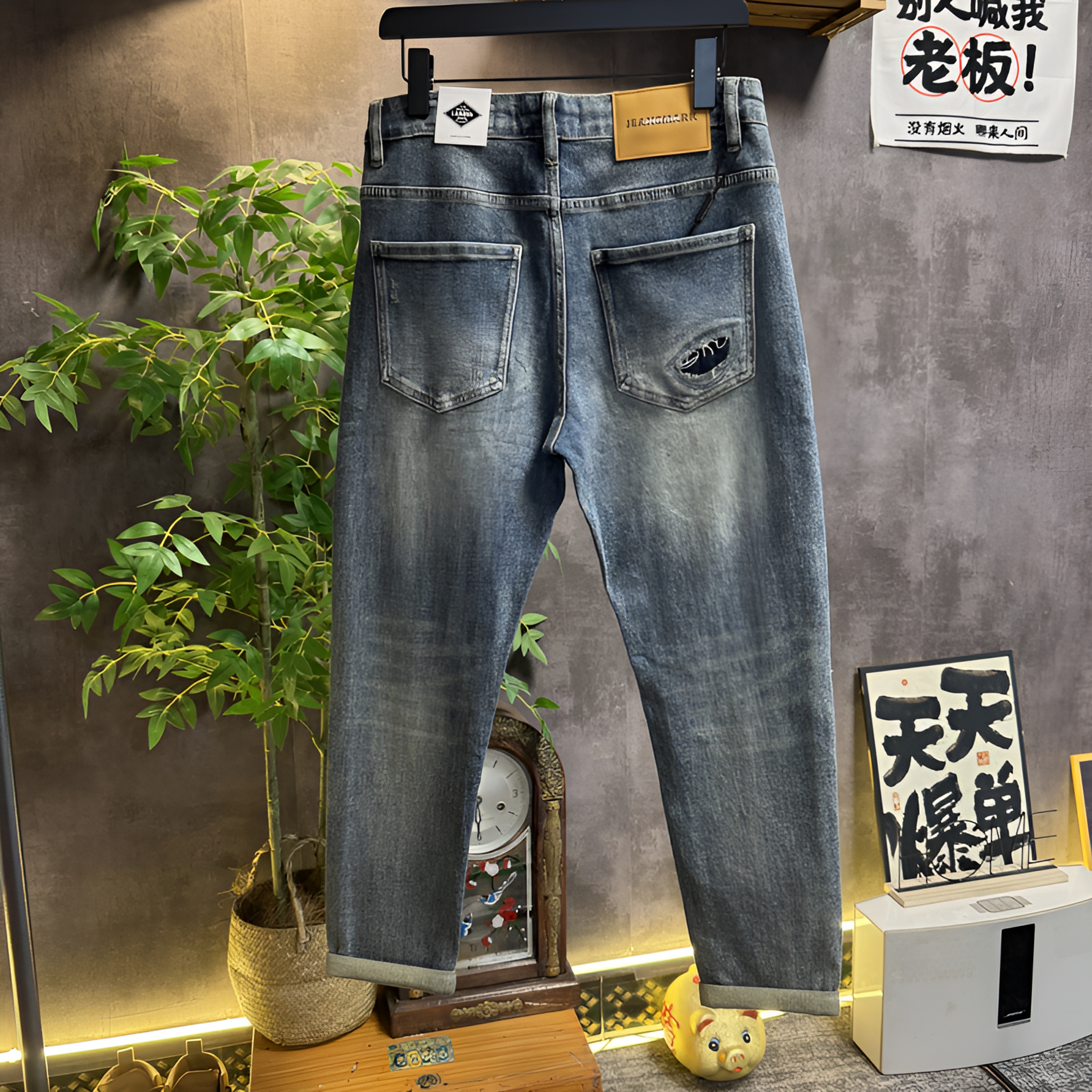 【修身小脚】春秋新款男士九分修身小脚牛仔裤破洞水洗弹力休闲裤