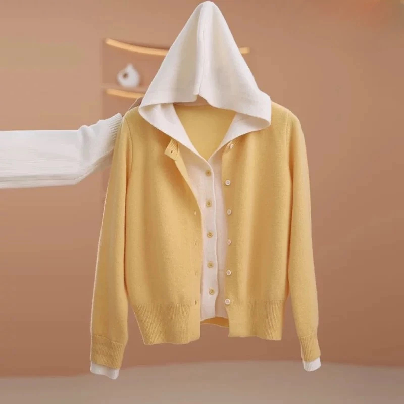 秋季新款假两件针织开衫连帽针织衫春秋洋气撞色上衣洋气宽松上衣