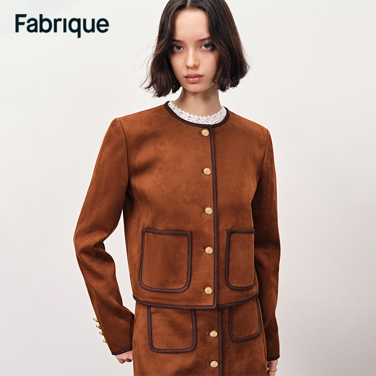Fabrique Olivia【张蔷同款】肉桂红棕仿麂皮绒镶边箱型夹克外套