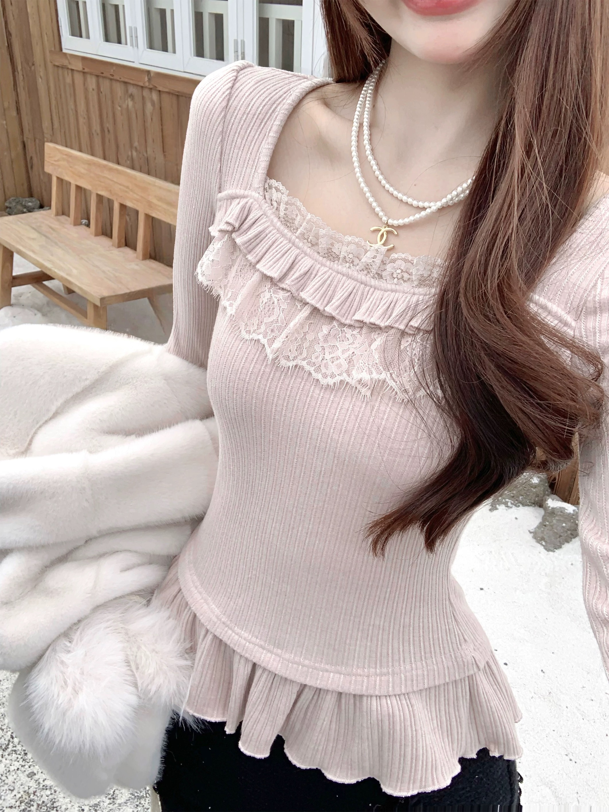 甜慕斯/甜美千金蕾丝花边拼接粉色内搭针织上衣#8377