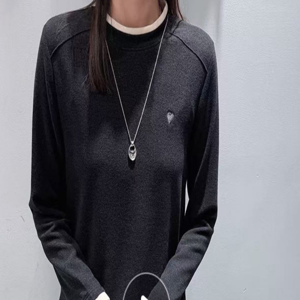 爱心拼接假两件打底衫女秋冬新款时尚气质长袖内搭T恤修身休闲风