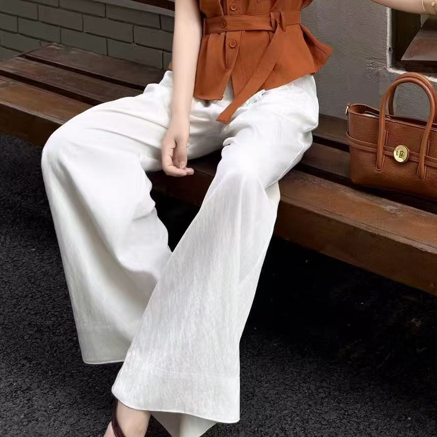 66003 轻薄百搭休闲裤女夏季慵懒风蕾丝腰带质感显瘦直筒裤子