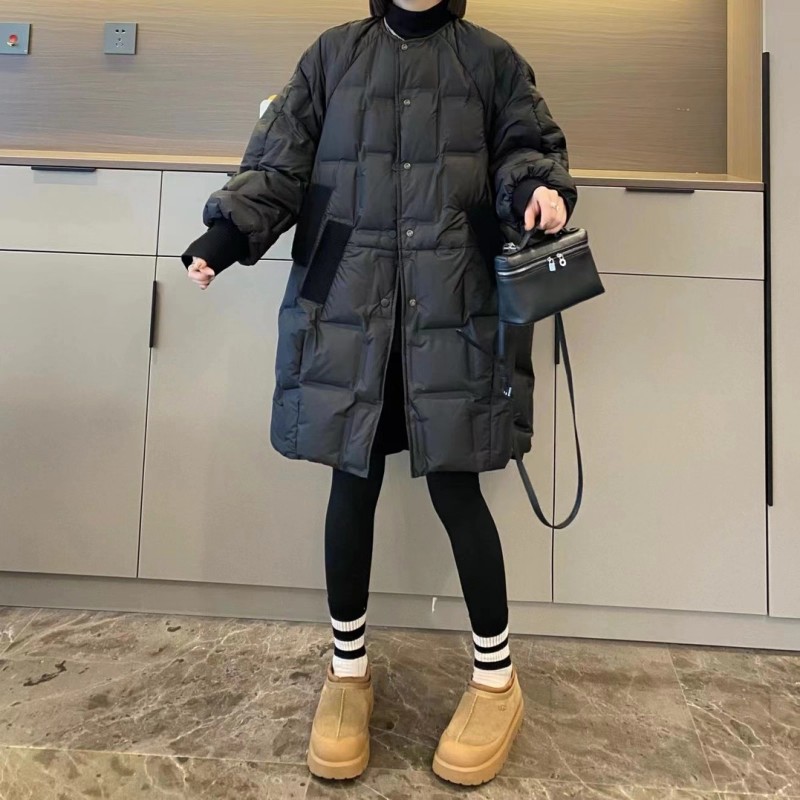 欧货高级感方块羽绒服女冬季中长款2025年无领白鸭绒过膝外套