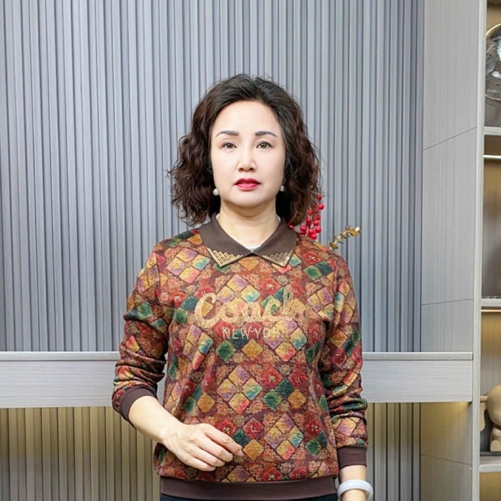翻领方领常规时尚薄款中老年女装复古花色百搭小衫长袖妈妈装上衣