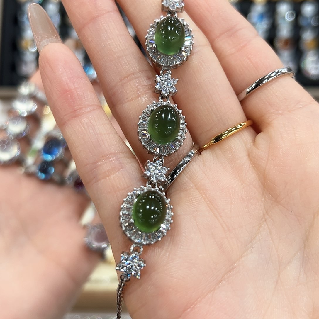 蛇纹石玉手链银S925镶嵌嘟**囔