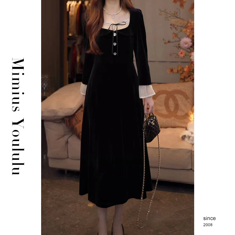 【mimius】游鹿鹿 高奢线 高岭之花～千金风丝绒小黑裙 F09198