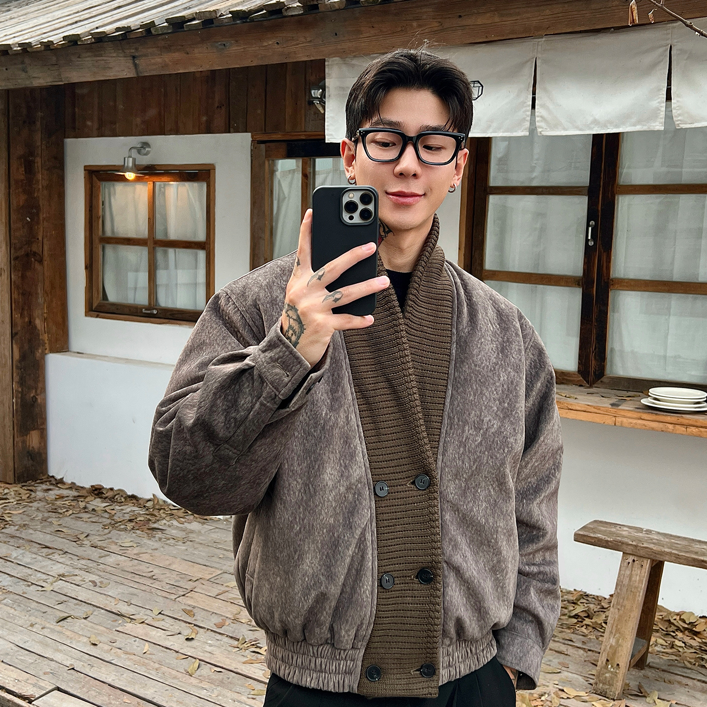 OXFREAK「拼接针织 双排扣」白鸭绒麂皮绒道袍式羽绒服男冬季外套