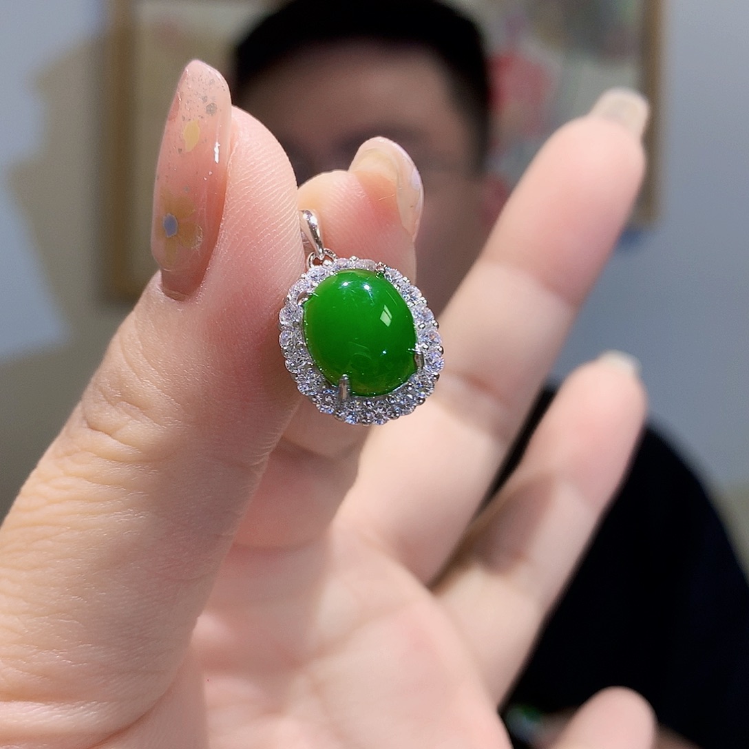 和田玉（碧玉）银S925镀金镶嵌颈饰