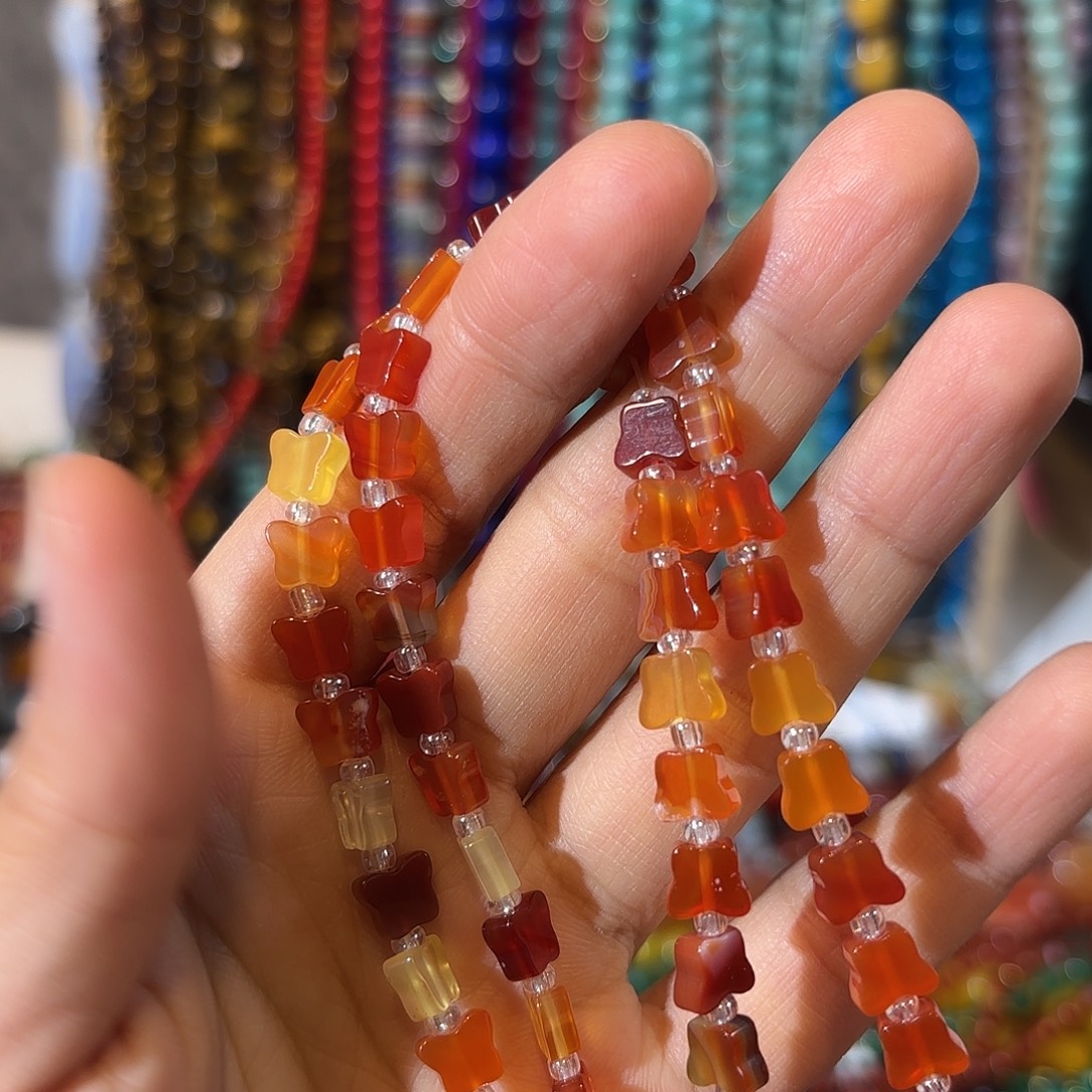 玛瑙/玉髓银S925镀金镶嵌珠宝半成品红玛瑙蝴蝶6-7一条