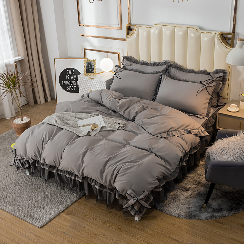 2024新款韩版荷叶边拼色绣花磨毛水洗棉四件套