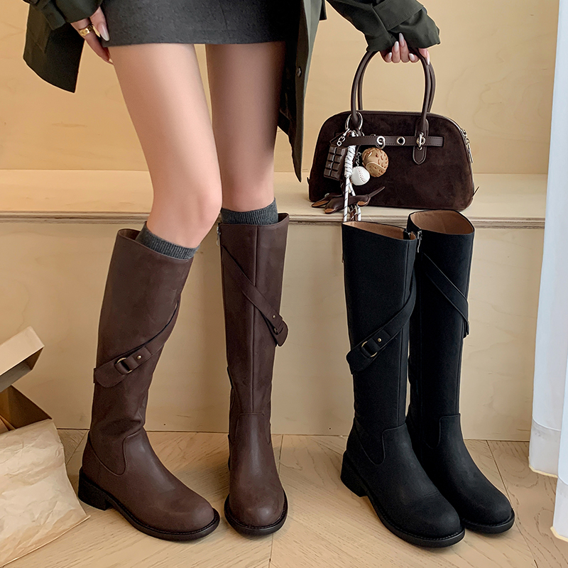 Luna·【4cm】34-40牛皮/猪皮/绒里秋冬时尚皮带扣简约骑士长靴女