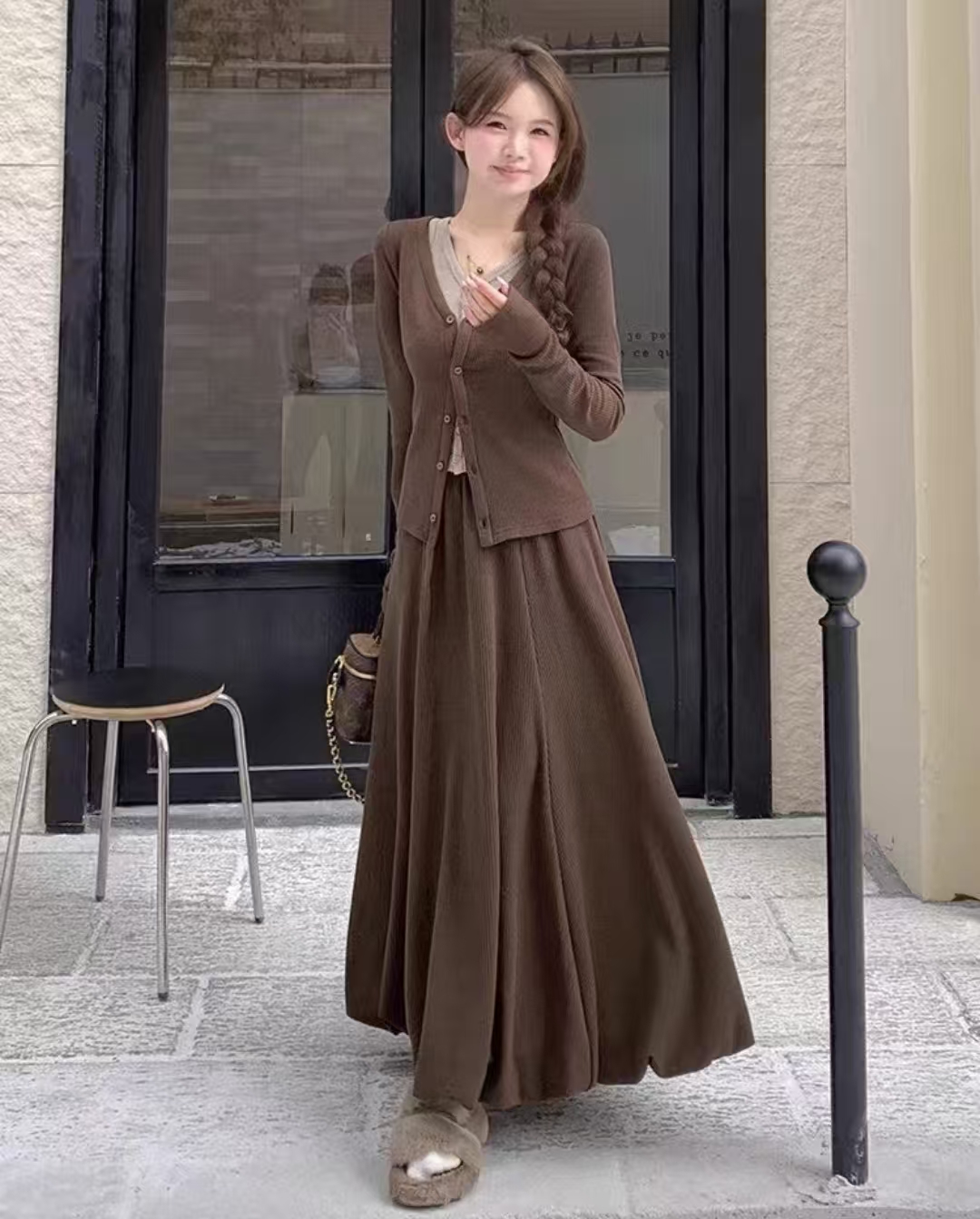 大码女装秋季法式气质显瘦假两件长袖针织上衣+高腰半身裙套装女