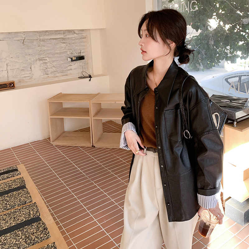 工厂黑色皮衣外套女春秋2024新款韩板chic高级感宽松pu皮衬衫夹克