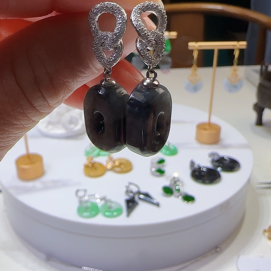 翡翠耳饰银S925镶嵌天然缅甸a货翡翠