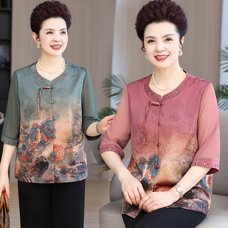 中老年人妈妈婆婆夏装衬衫国风上衣老太太唐装夏季衬衣老人衣服