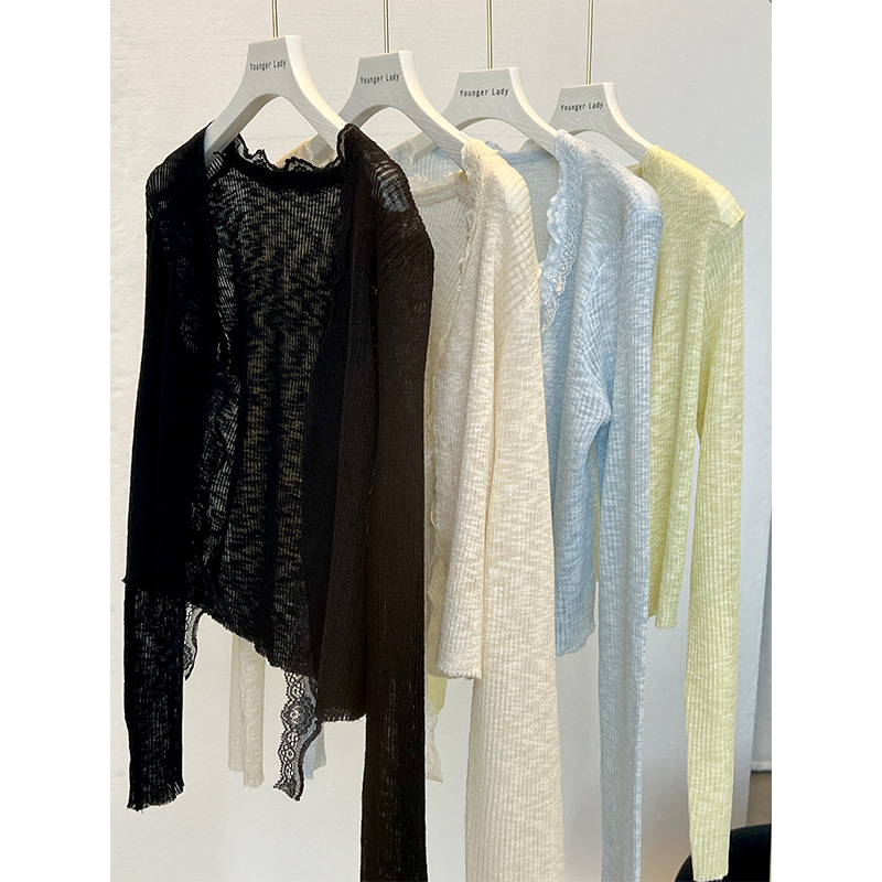 Younger Lady 甜美蕾丝拼接系带小开衫薄款搭配裙子外搭长袖上衣