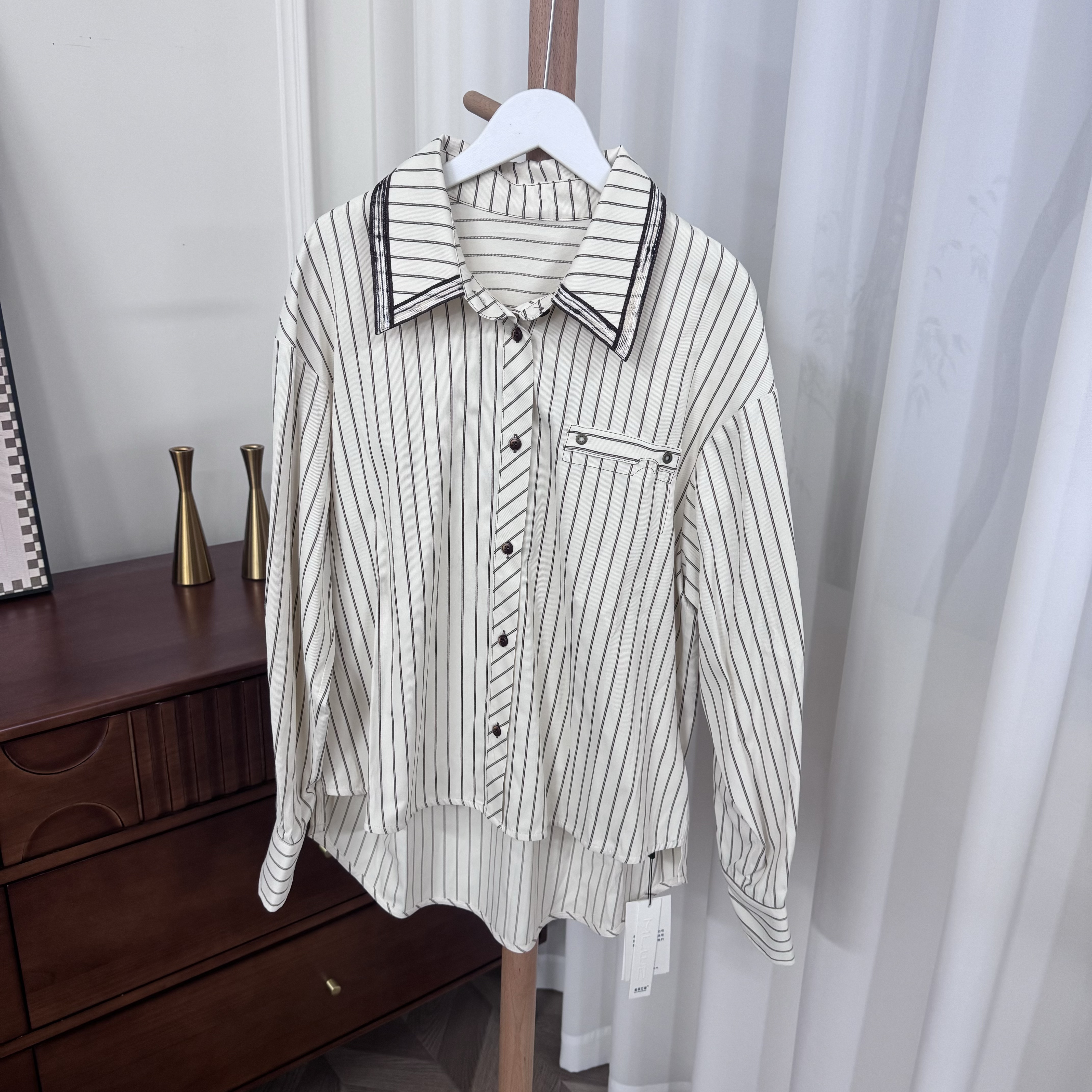 休闲风条纹长袖气质通勤衬衫 J366