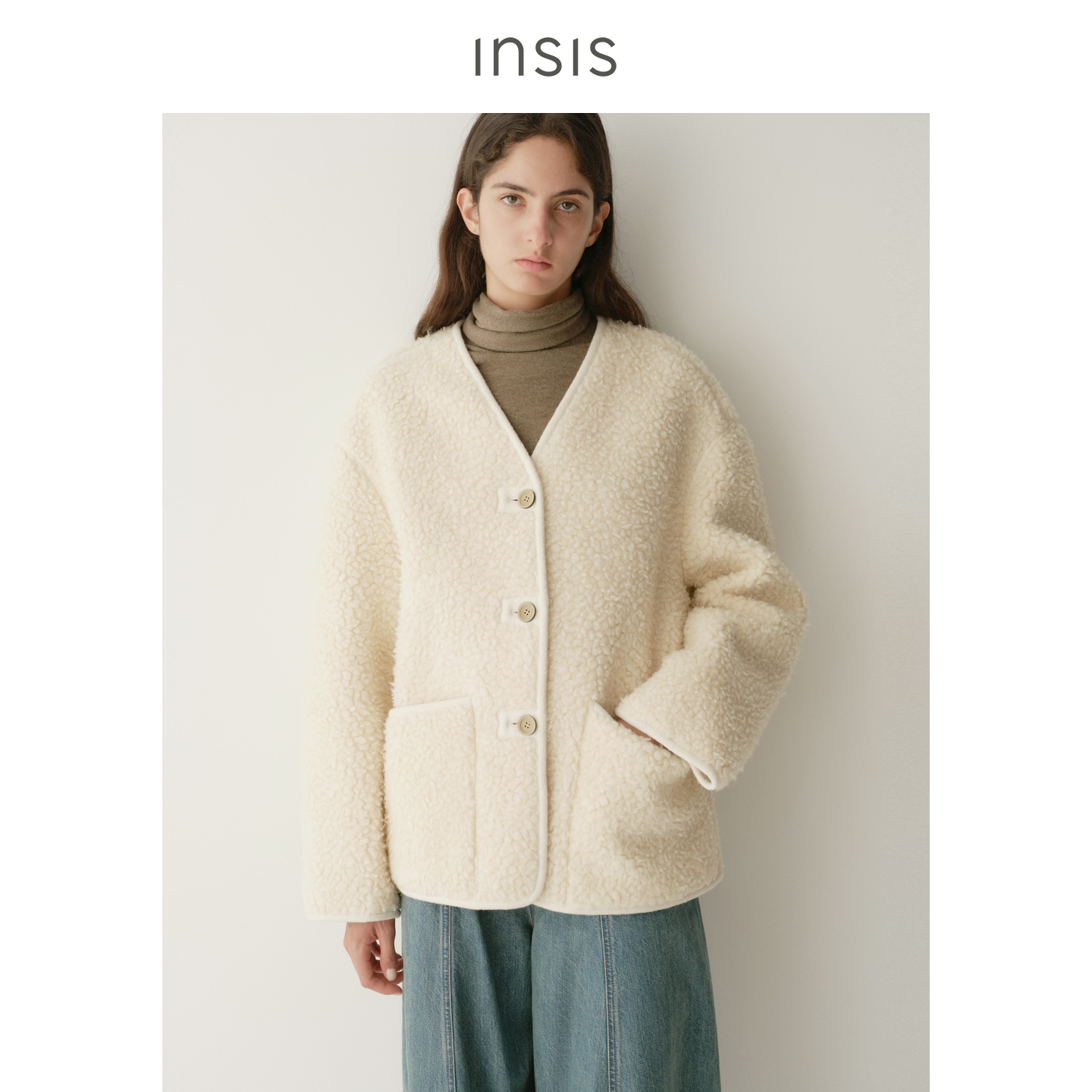 【王雪糕专属】INSIS FEMME 绵羊毛V领针织包边短款直身羊羔外套