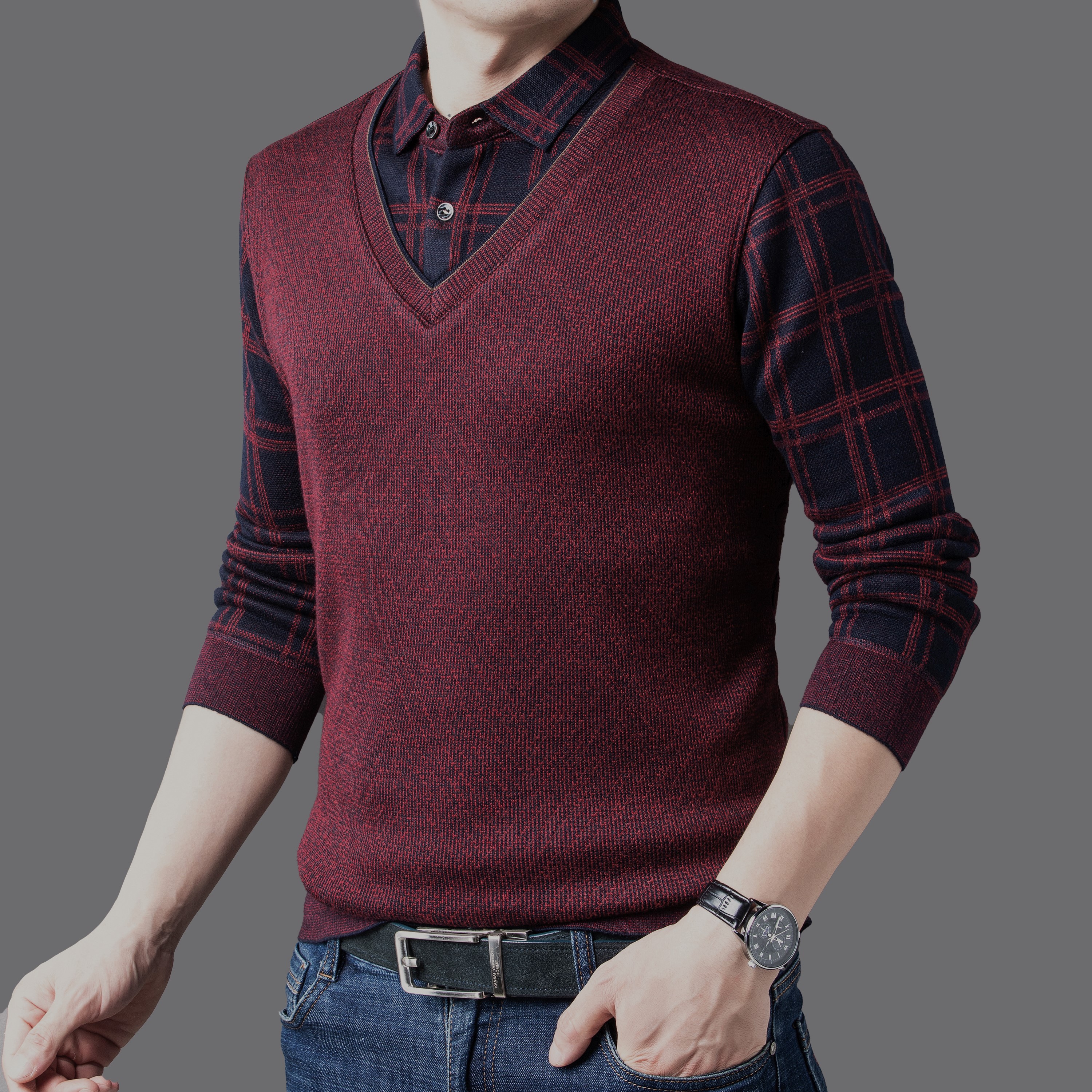 【5801】加绒商务假两件T恤保暖商务中年