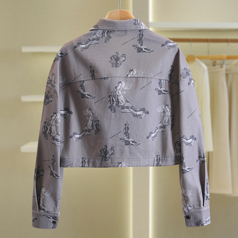 【伍莎-自营】韩版宽松印花方领短款牛仔外套#POS48W029