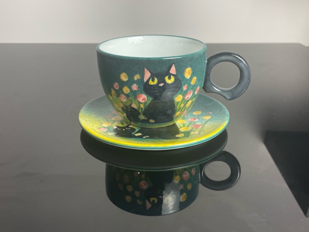 插画风大耳朵手把陶瓷马克杯复古咖啡杯碟套装