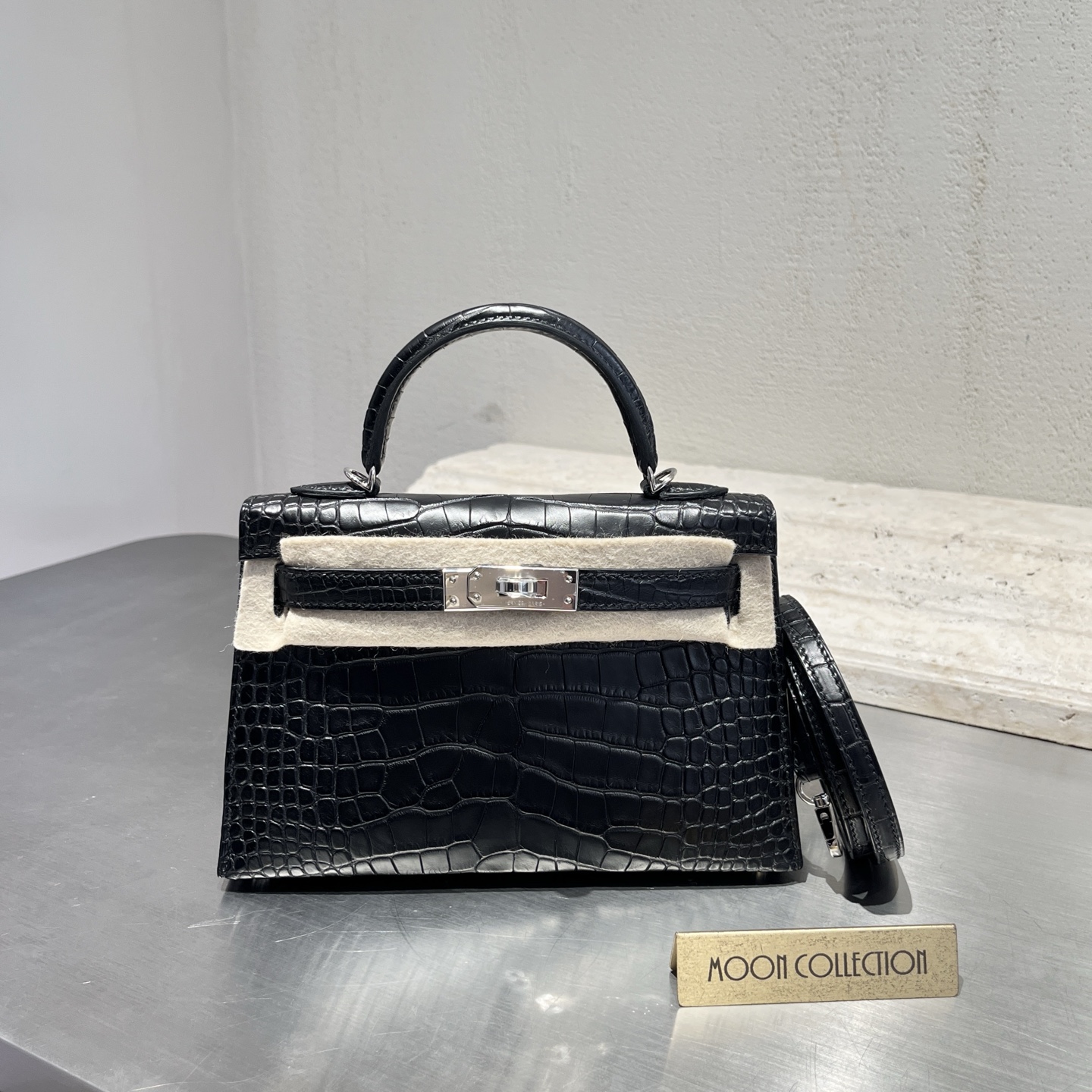 未使用 Hermes/爱马仕 MINI KELLY2代雾面方块黑银内拼珍珠灰k刻 