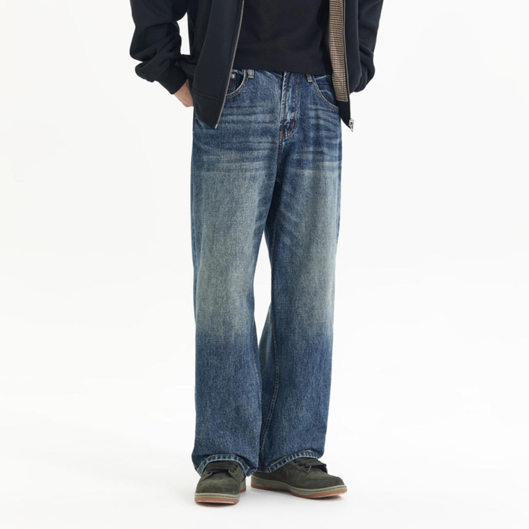 赞仕TSAAONE水洗怀旧蓝日系直筒牛仔裤子2025新款高街秋冬季3068