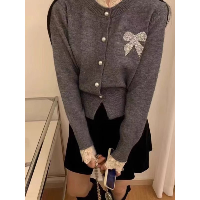 法式甜美风花边烫钻蝴蝶结毛衣外套女韩系秋冬温柔软糯保暖针织衫