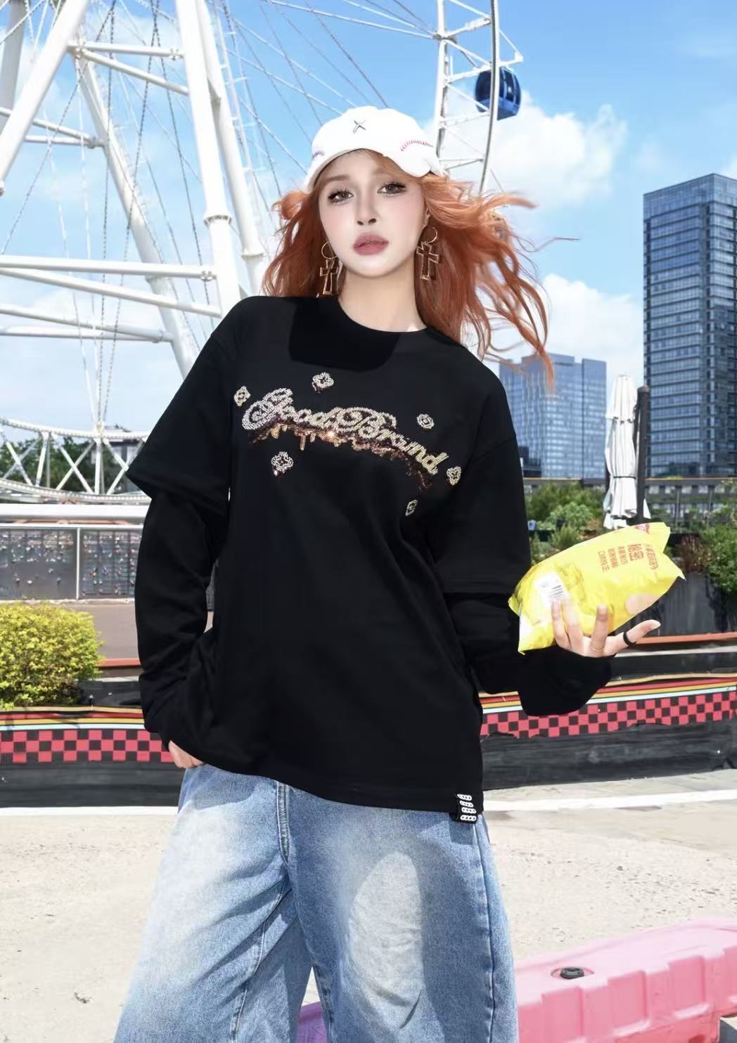 GB-GOODBRAND 2025FW 融化冰淇淋花体珠片绣假两件长袖 男女同款
