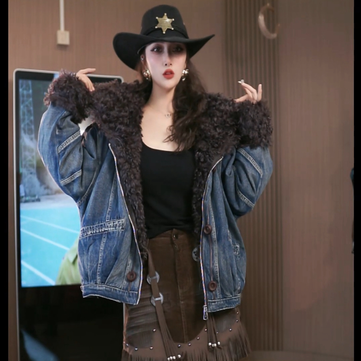 原创设计美式复古毛绒海军翻领重工牛仔潮牌羽绒外套