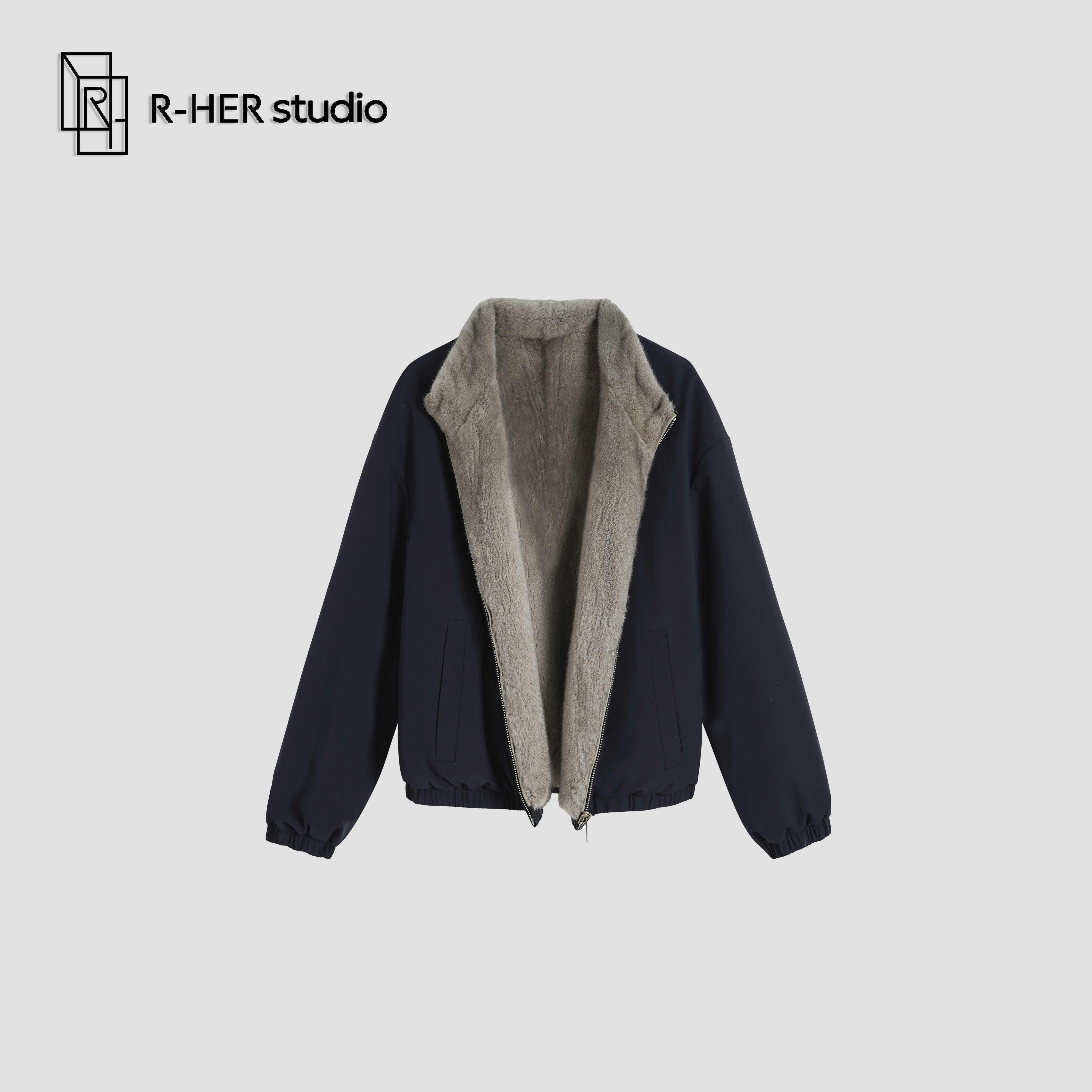 R-HER“塞纳烛雾”秋冬老钱风休闲水貂毛拼接双面拼接短外套P0061