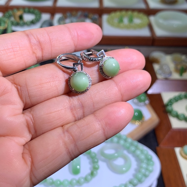 银S925镶嵌和田玉（碧玉）耳饰