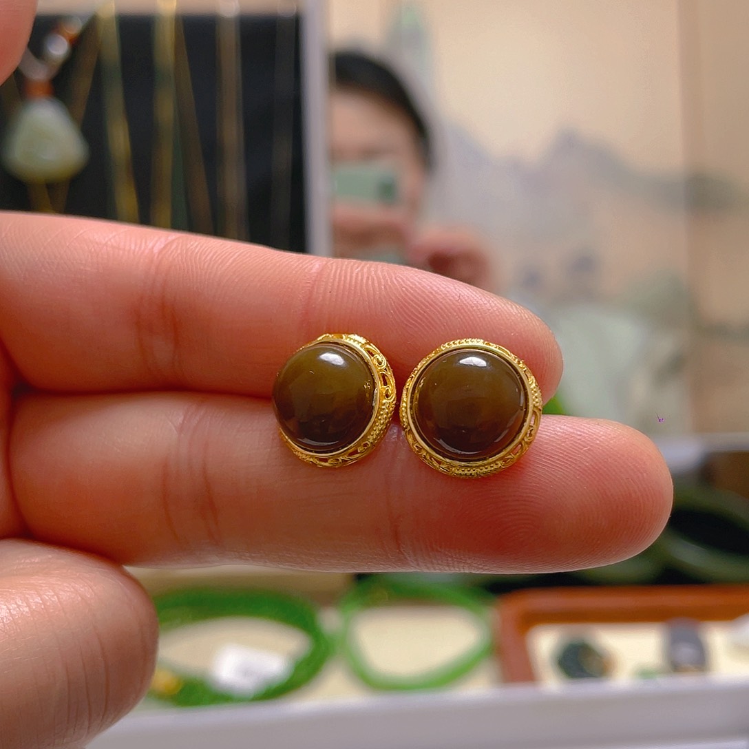 和田玉耳饰银S925镀金镶嵌