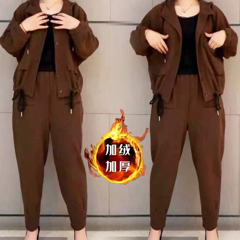 洋气加绒加厚网红妈妈装时尚哈伦卫衣女秋冬季新款宽松休闲两件套